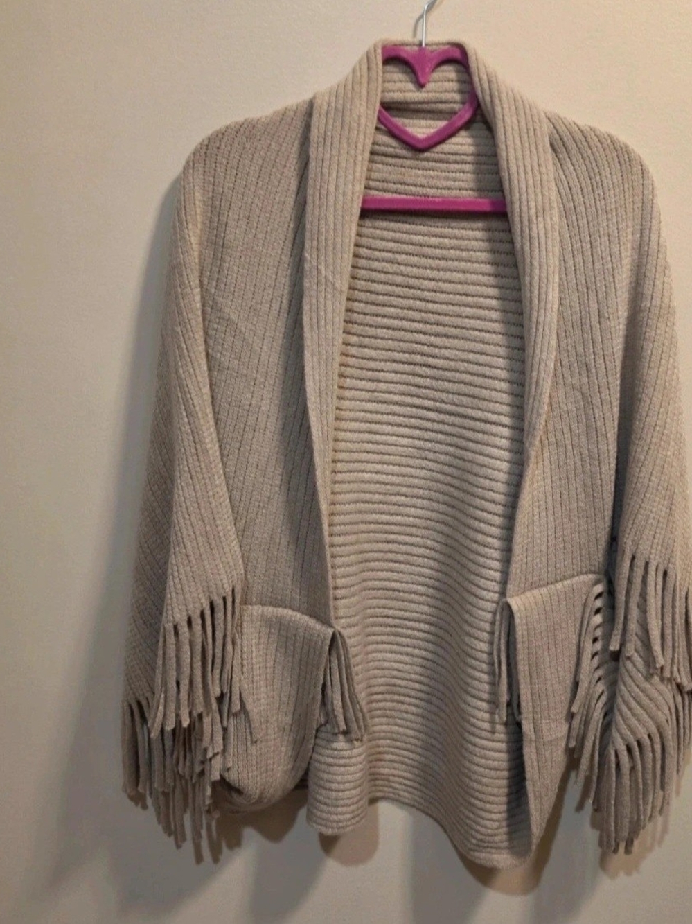 Cozy Beige Ribbed Open-Front Fringe Shawl Cardigan